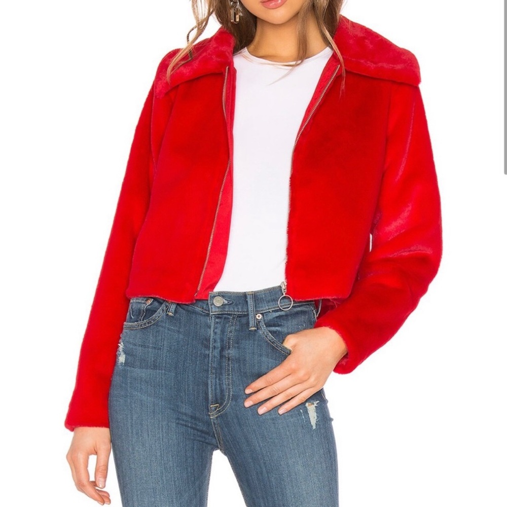 Lovers + Friends Red Faux Fur Cropped Jacket